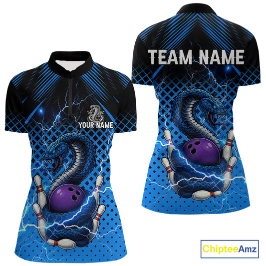 Black & Blue Lightning Thunder Cobra Snake Bowling Shirts For Women Custom Bowling Team League Jersey NQS11006