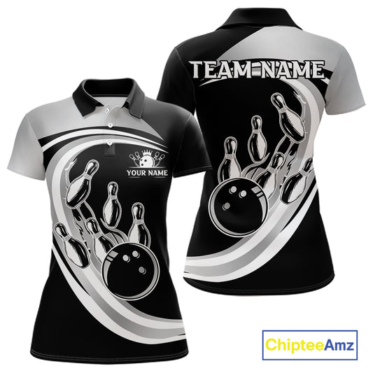 Black and Silver Bowling Shirts For Women Custom Bowling Team League Jerseys, Gift For Bowler NQS11416