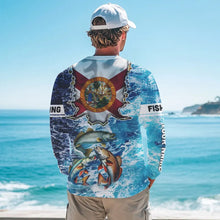 Load image into Gallery viewer, Florida Flag Redfish, trout, snook blue wave camo custom name performance long sleeve fishing shirts NQS9488