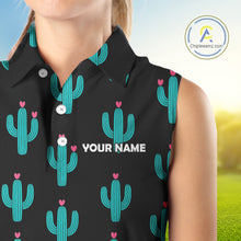 Load image into Gallery viewer, Personalized black & green cactus flower pattern Women sleeveless polo shirt custom cactus golf shirts NQS9942