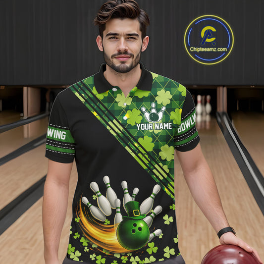 Black and Green shamrock argyle pattern Bowling Shirts For Men Custom St Patrick Team Bowling Jerseys NQS11237