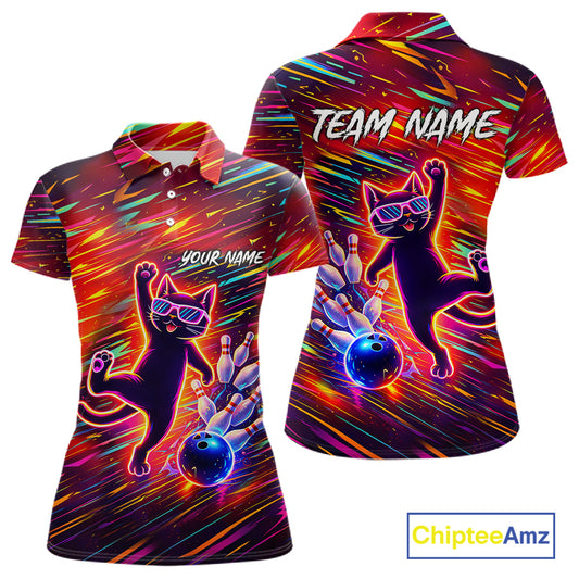 Funny Colorful Neon Cat Bowling Polo shirt, 1/4 zip shirts for Women custom Bowling Team League Shirt NQS11429