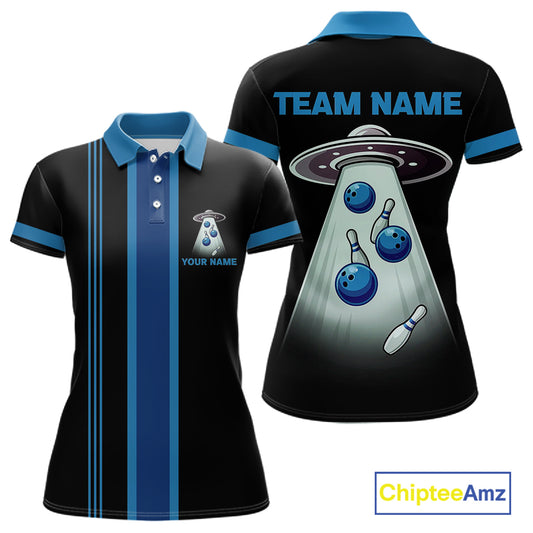 Black and Blue ufo alien Retro Bowling Polo, Quarter Zip Shirts for Women Custom Bowling Team Jersey NQS11462