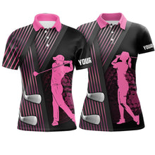 Load image into Gallery viewer, Black and pink matching golf polo for couples custom golf clubs team golf shirt, matching golf shirts NQS10117