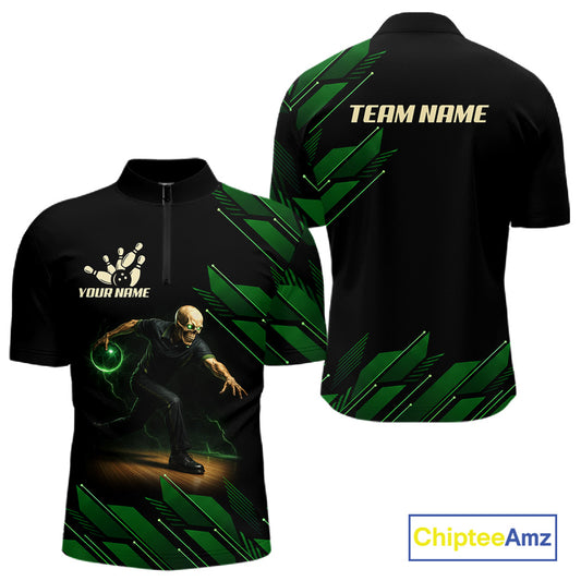 Black and Green Camo Skull Lightning Bowling Polo, 1/4 zip shirts for Men Custom Team bowling Jersey NQS11657