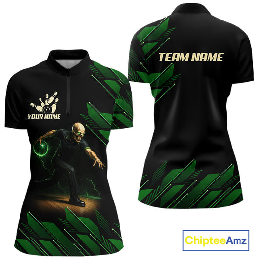 Black & Green Camo Skull Lightning Bowling Polo, 1/4 zip shirts for Women Custom Team bowling Jersey NQS11657