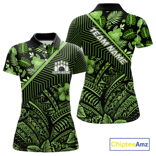 Black and Green tribal pattern Bowling Polo, 1/4 zip Shirts For Women Custom Team Bowling Jerseys NQS11469