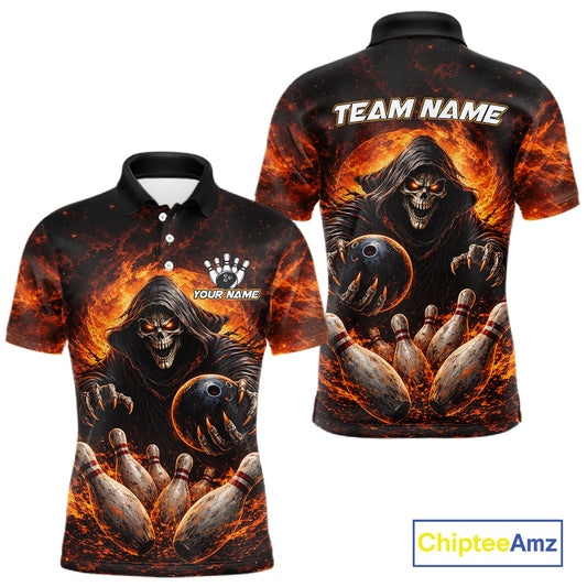 Personalized Skull Bowling Polo, 1/4 zip Jerseys for Men Custom Black and Orange Bowling Team shirts NQS11474