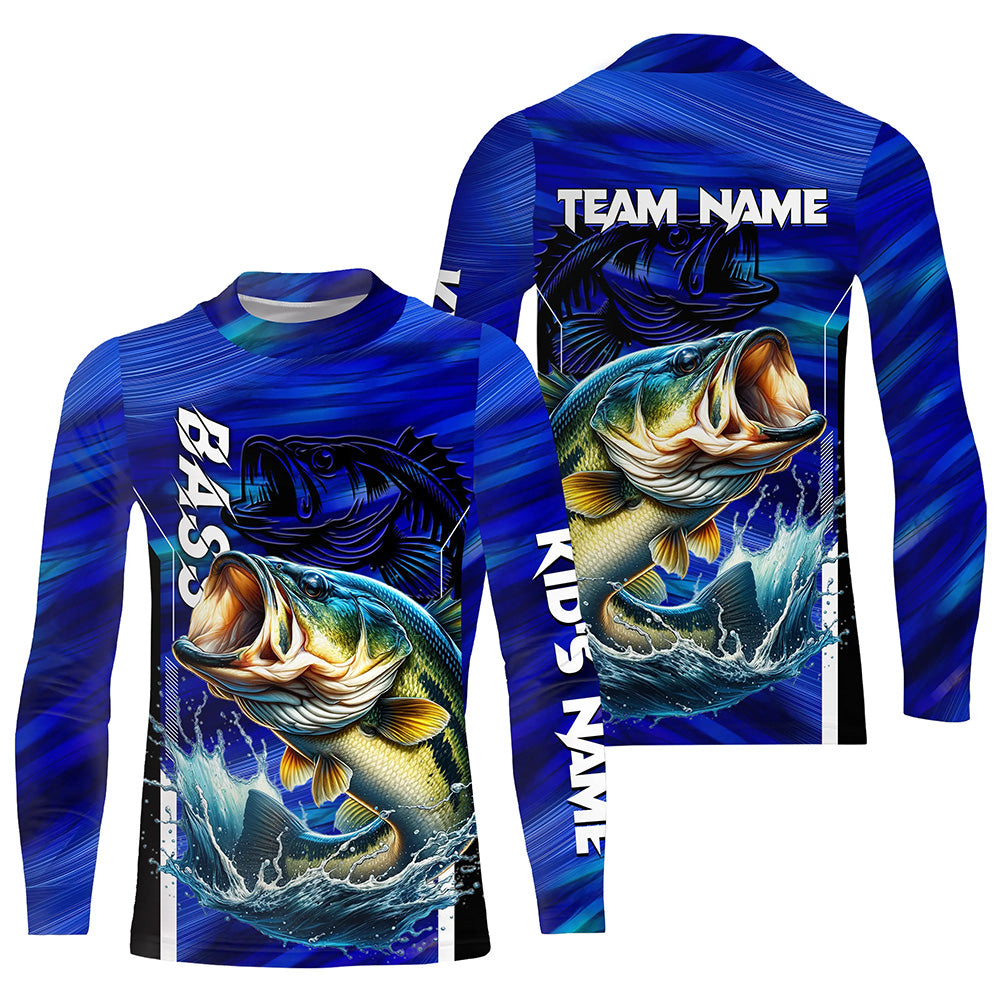 Largemouth Bass Fishing Custom long sleeve performance fishing shirts, team fishing shirt | Blue NQS8501