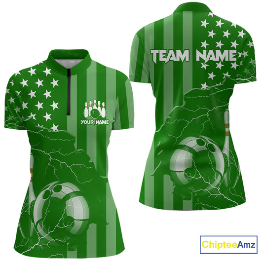 Personalized Green American flag Lightning thunder Custom Bowling Team Shirt For Women Bowling Jersey NQS10487