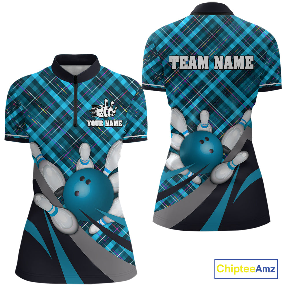 Blue Plaid pattern Bowling shirts For Women Custom Team Bowling Jersey Xmas Gift For Bowlers NQS10493