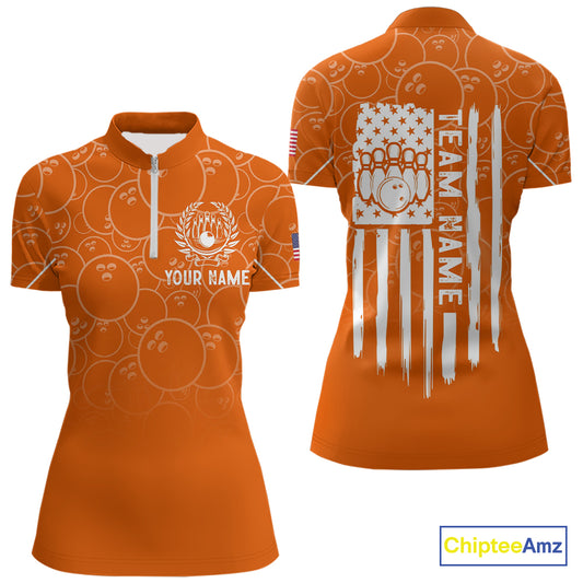 Orange bowling camo Womens bowling shirts Custom American flag patriotic bowling team league jerseys NQS10715
