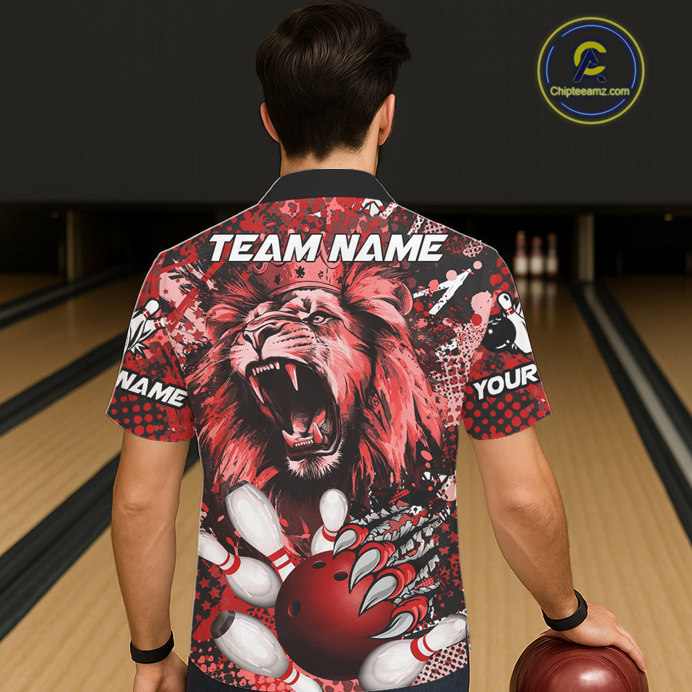 Red Camo Lion roar Bowling Hawaiian Shirt Custom Lion Bowling Team button up shirts NQS11523