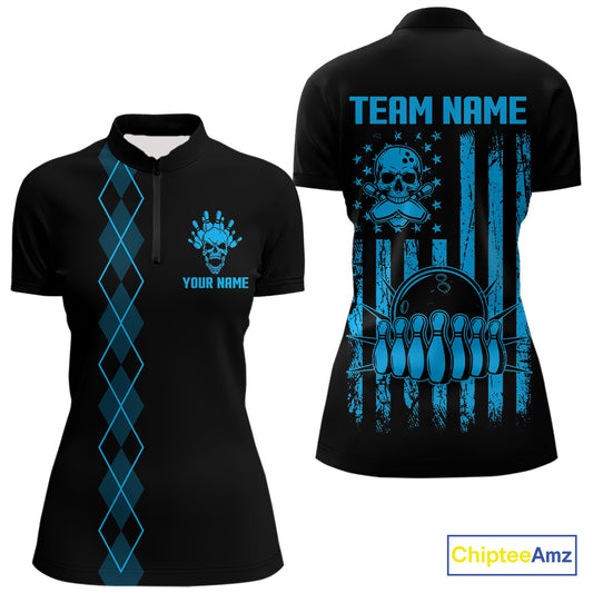 Custom Black and Blue argyle American Flag Skull retro Womens Bowling Shirts patriotic Team Jerseys NQS11132