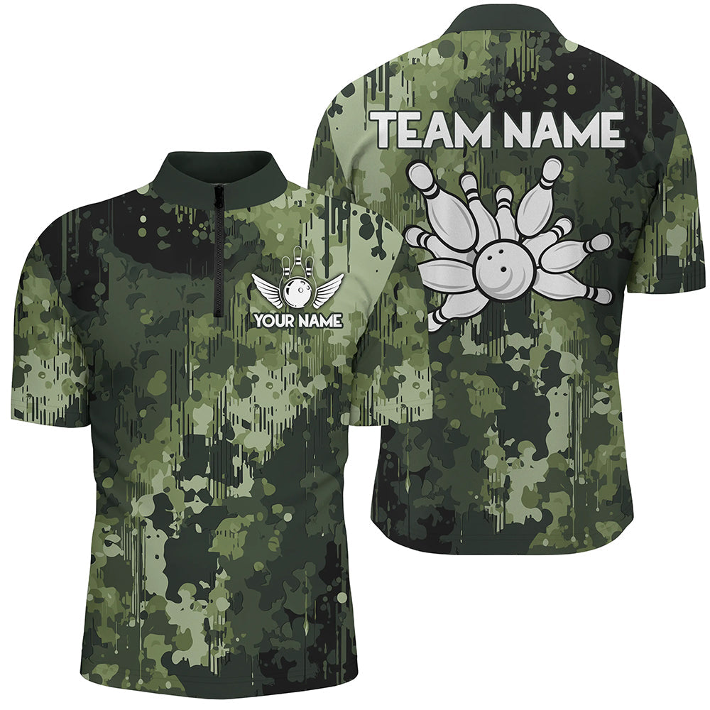 Green Camo Bowling Polo, Quarter Zip Shirts For Men Custom Bowling Team Jerseys, Gift For Bowlers NQS9058