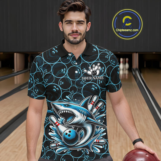 Black and Blue Camo Shark Bowling Polo, Quarter Zip Shirt For Men Custom Team Shark Bowling jerseys NQS11338