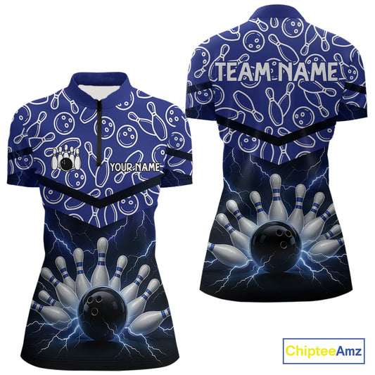 Blue camo Lightning Thunder Bowling Shirts For Women Custom Team 1/4 Zip, Polo style bowling shirts NQS10962