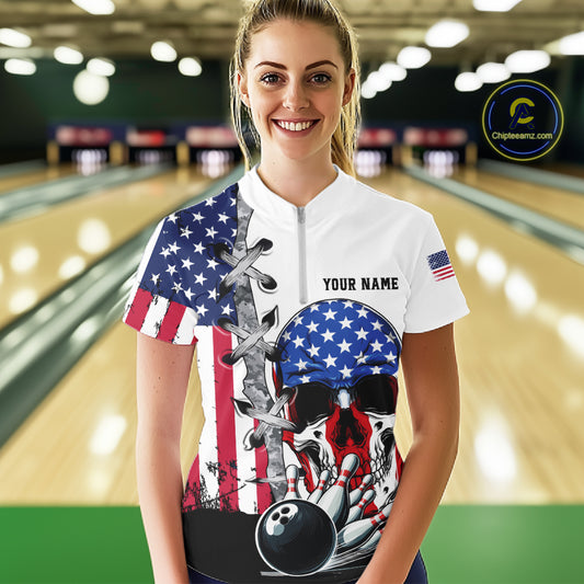 American Flag Skull Bowling Polo, Quarter Zip Shirts for Women Custom Patriotic Bowling Team jerseys NQS11694
