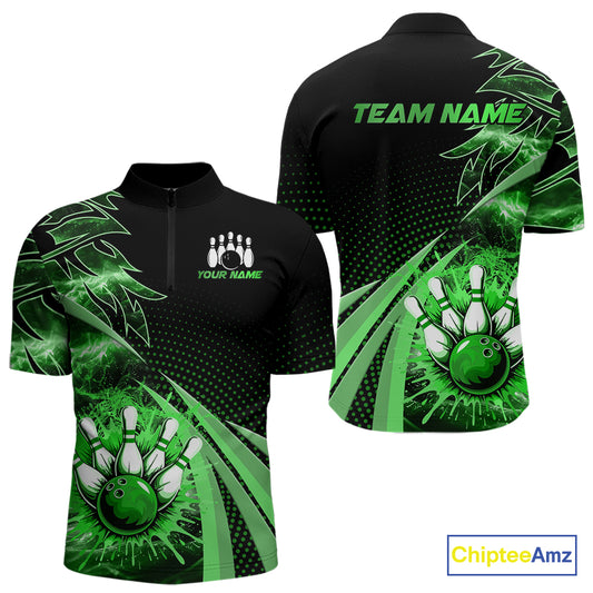 Black and Green Bowling Polo, Quarter zip shirts For Men Custom Team Bowling Jersey, Gift For Bowlers NQS10787