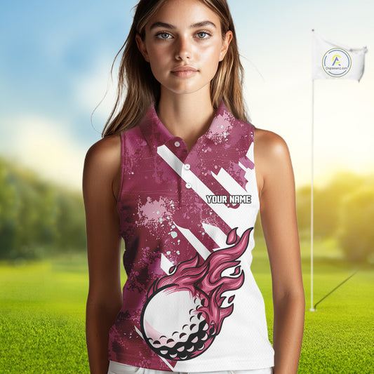 Pink & white golf ball flame Women Sleeveless Polo Shirt custom team golf shirt, ladies golf clothing NQS10977