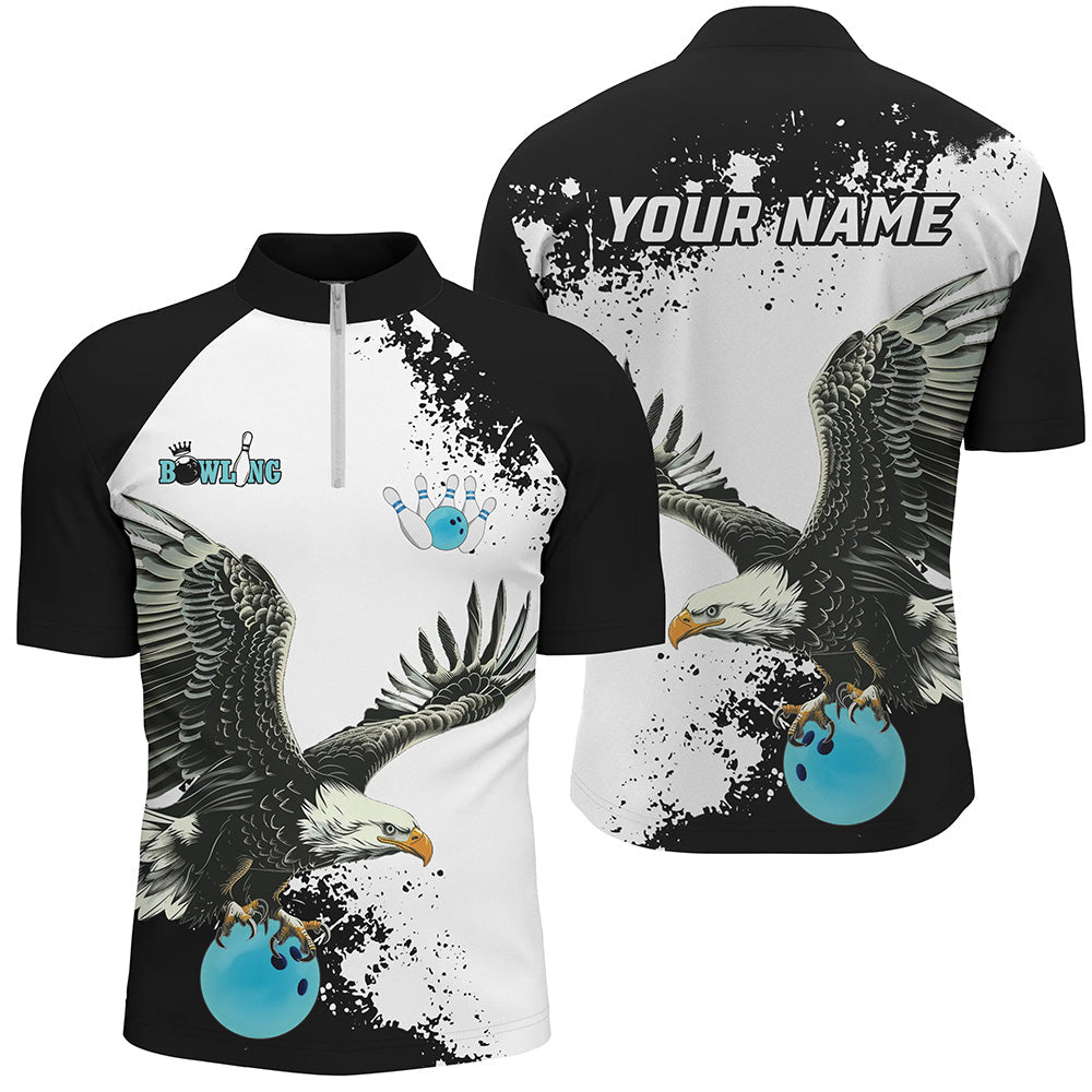 Black and white Men bowling Quarter Zip shirt Custom Eagle Team bowling shirt, gift for bowlers | Blue NQS7404