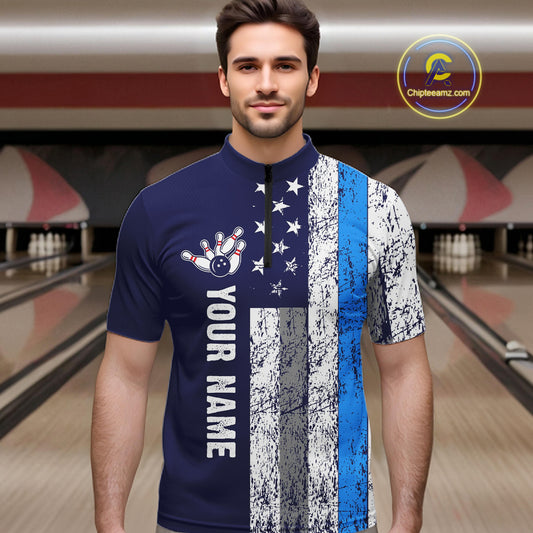 Blue Grunge American Flag Bowling Shirts For Men Custom patriotic Bowling Team League Jerseys NQS11176
