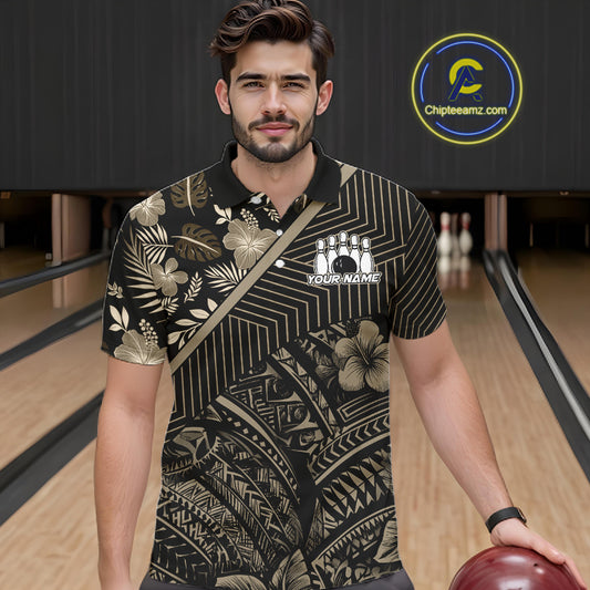 Black tribal pattern Bowling Polo, 1/4 zip Shirts For Men Custom Team Bowling Jerseys NQS11389