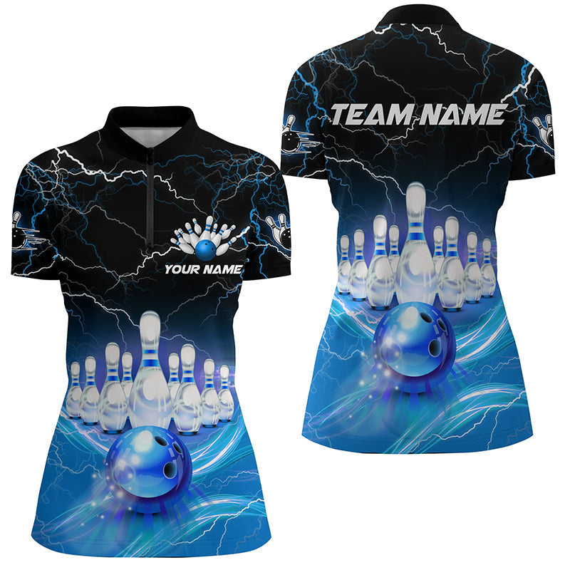 Blue light lightning thunder Women bowling Quarter Zip shirt Custom bowling jerseys, gift for bowlers NQS7419