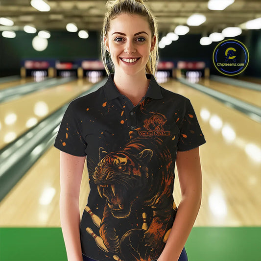 Personalized Black and Orange Tiger Bowling Team Polo, 1/4 Zip Shirts For Women, Tiger Bowling Jersey NQS11203
