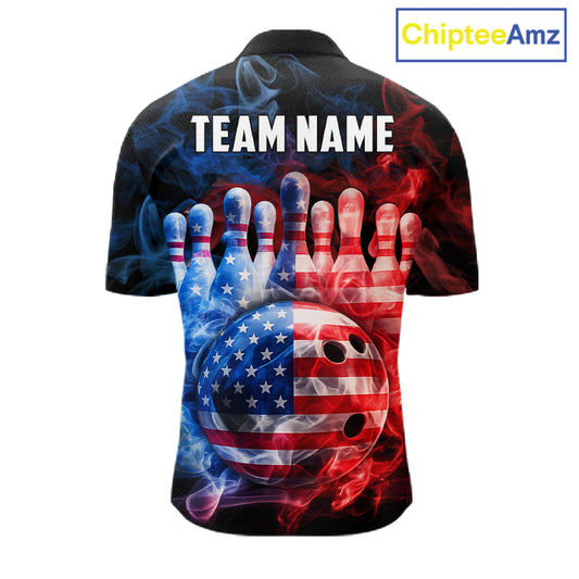 Smoke American Flag Bowling ball and pins Bowling Shirts for Men Custom patriotic Team Bowling Jersey NQS11606