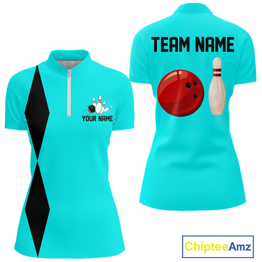 Personalized Retro Women Bowling Polo, 1/4 Zip Shirts custom vintage bowling team jersey | Cyan Blue NQS11017