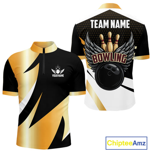 Black and Gold Bowling ball wings Bowling Polo, Quarter Zip Shirts for Men Custom Bowling Team jersey NQS11043