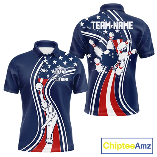 Retro bowling Polo, 1/4 Zip shirts for Men Custom American flag patriotic team bowling jerseys | Navy NQS11430