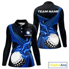 Load image into Gallery viewer, Black & Blue Golf ball Flame Golf Polo Shirts For Women Custom ladies's golf clothing, best golf gift NQS10864