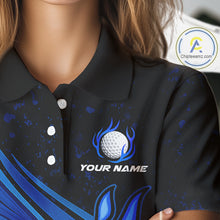 Load image into Gallery viewer, Black & Blue Golf ball Flame Golf Polo Shirts For Women Custom ladies's golf clothing, best golf gift NQS10864