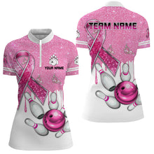 Load image into Gallery viewer, Pink ribbon glitter Bowling Shirts For Women Custom team bowling jerseys, breast cancer bowling shirts NQS8251