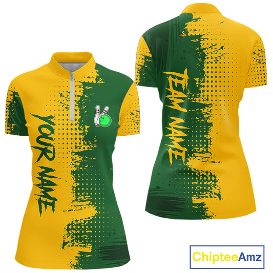Yellow and Green Bowling Polo, Quarter Zip shirts for Women Custom Bowling Team Jerseys NQS10881