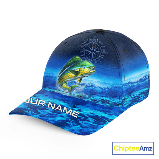 Personalized Mahi Mahi Blue sea fishing hat, compass offshore tournament Angler hat cap NQS11253