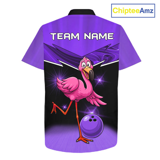 Funny Pink Flamingo Bowling Hawaiian Shirt Custom Flamingo Team bowling button-up shirt | Purple NQS11655