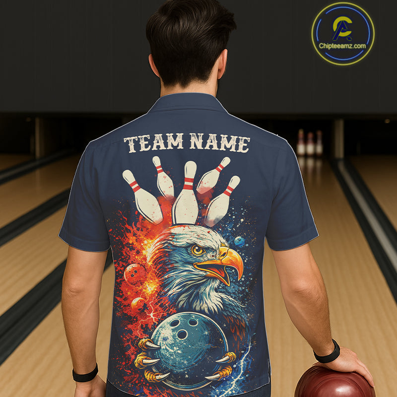 Custom Red, white and blue Eagle Retro Bowling Hawaiian Shirt, Bowling Team button-up shirt NQS11666