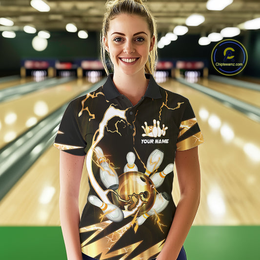 Gold Thunder Lightning bowling ball and pins jersey Custom Team Bowling Polo, 1/4 Zip Shirt For Women NQS11282