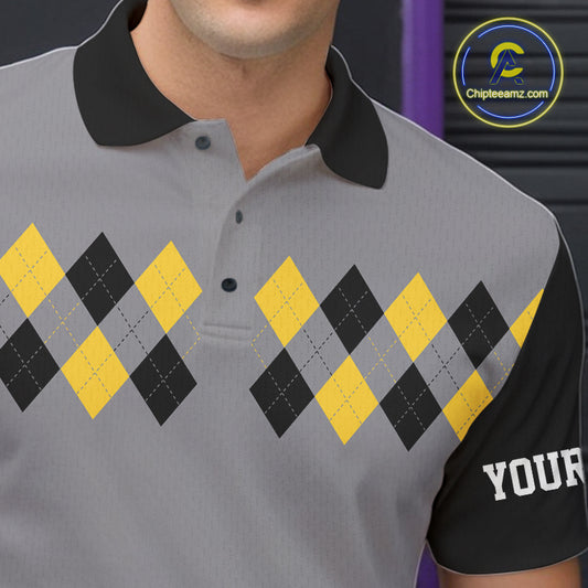 Black & Yellow argyle pattern retro Bowling Shirts For Men Custom Bowling and Beer Team Jersey | Gray NQS11095