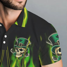 Load image into Gallery viewer, Mens golf polo shirts Green clover skull St Patrick's Day golf shirts custom green fire golf apparel NQS7055