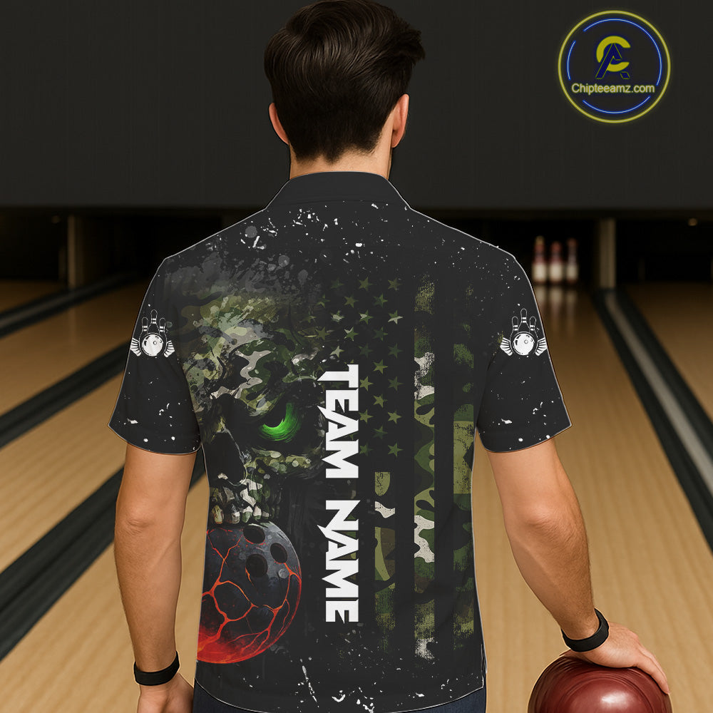 Black and Green Camo grunge American Flag Skull Bowling Hawaiian Shirt Custom Bowling Team jerseys NQS11294