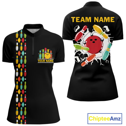 Personalized Black and Colorful Retro Bowling Polo, 1/4 Zip Team Shirt For Women Custom Bowling Gifts NQS11106
