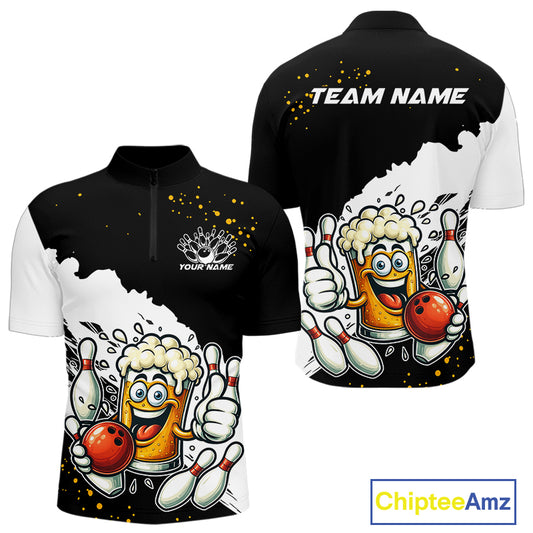 Funny Beer Glass Black and White Bowling Polo, 1/4 Zip Shirts for Men Custom Bowling Team Jersey NQS10933