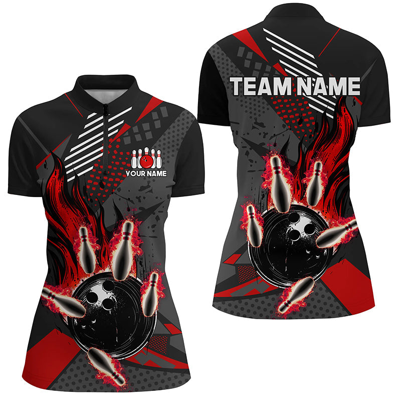 Black and red Women bowling shirts Custom flame Bowling Team League Jerseys, ladies bowling outfits NQS8549
