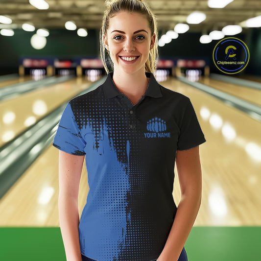 Black and Blue Bowling Polo, Quarter Zip Shirt For Women Custom Team Bowling jerseys NQS11320