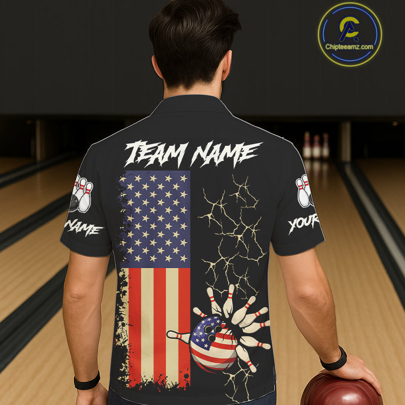 Custom American Flag Skull Bowling button-up shirts, patriotic team Bowling jerseys gift for bowlers NQS11538