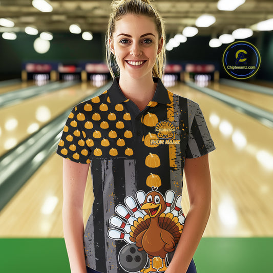 Funny Bowling Shirts For Women Pumpkin American Flag Turkey Thanksgiving Custom turkey bowl shirts NQS10943